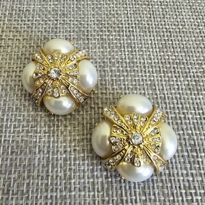 Vintage Crown Royal Faux Pearl Crystal Rhinestone Button Clip On Earrings
